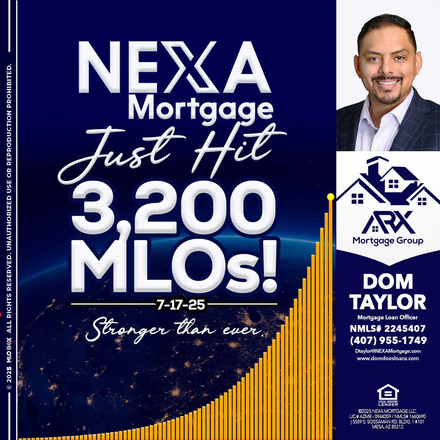 JUST HIT 3,200 MLOs - Dom Taylor -Mortgage Loan Officer
