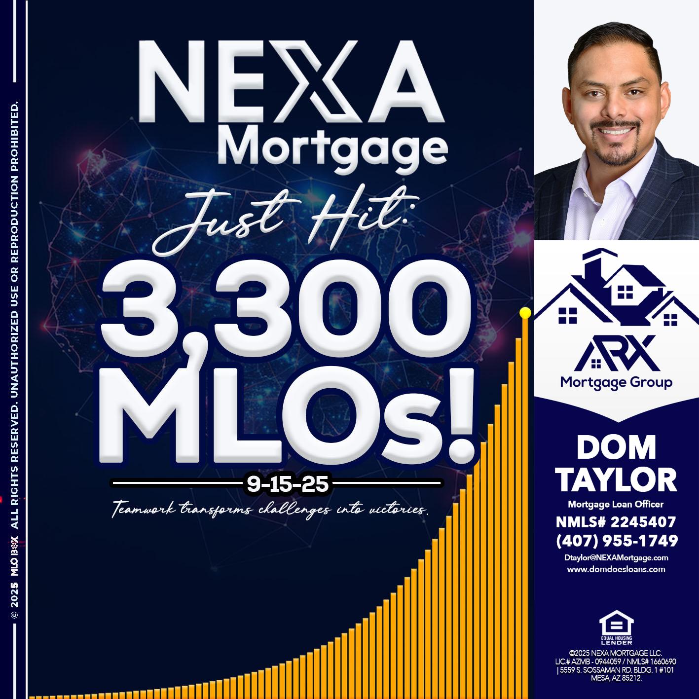 NEXA JUST HIT 3300 MLOS - Dom Taylor -Mortgage Loan Officer