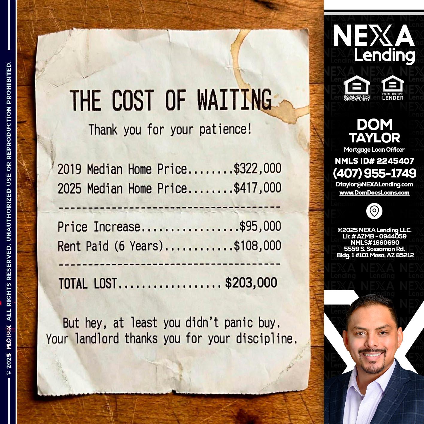 THE COST OF WAITING - Dom Taylor -Mortgage Loan Officer