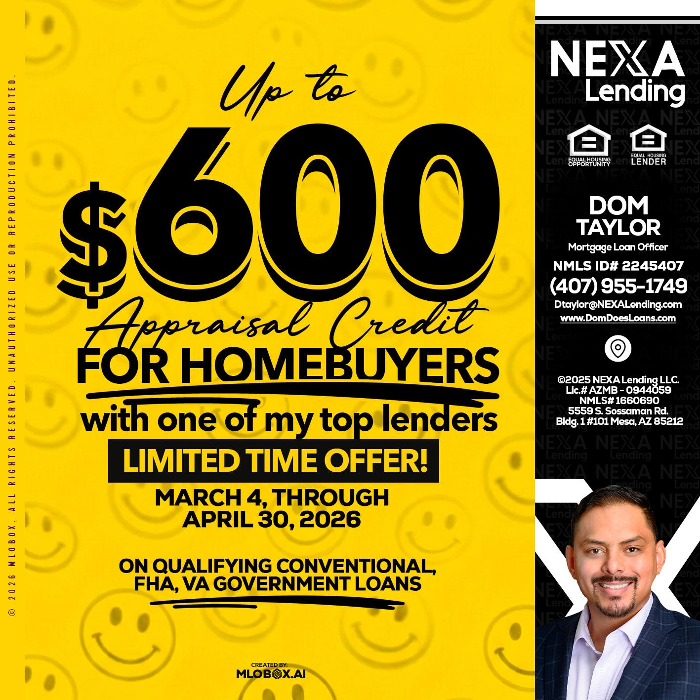 UP TO 600 - Dom Taylor -Mortgage Loan Officer